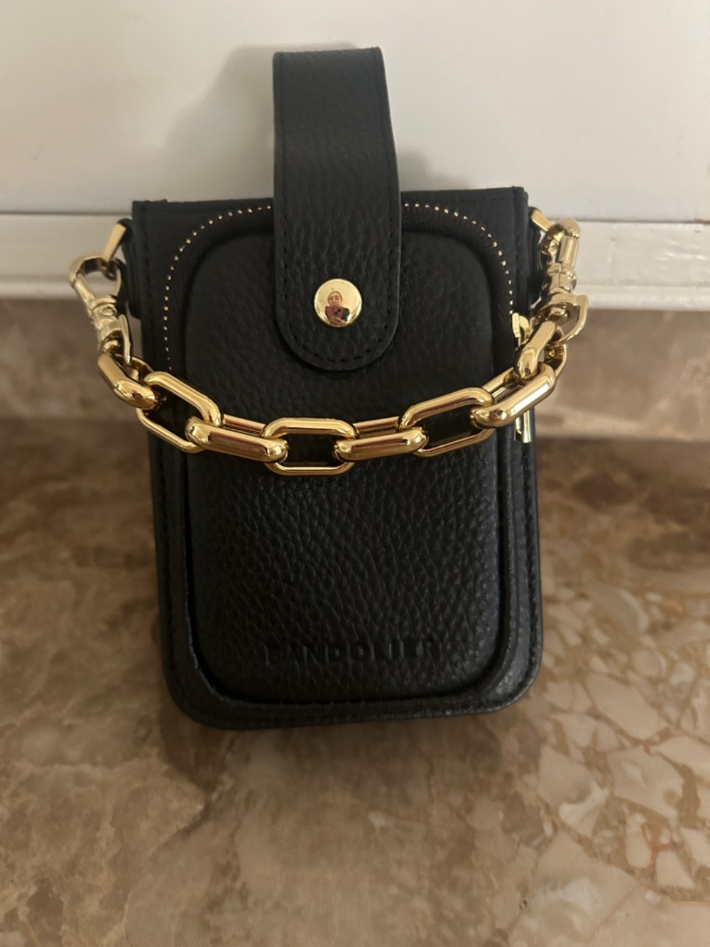Bandolier Black Mini Bag with Gold Chain